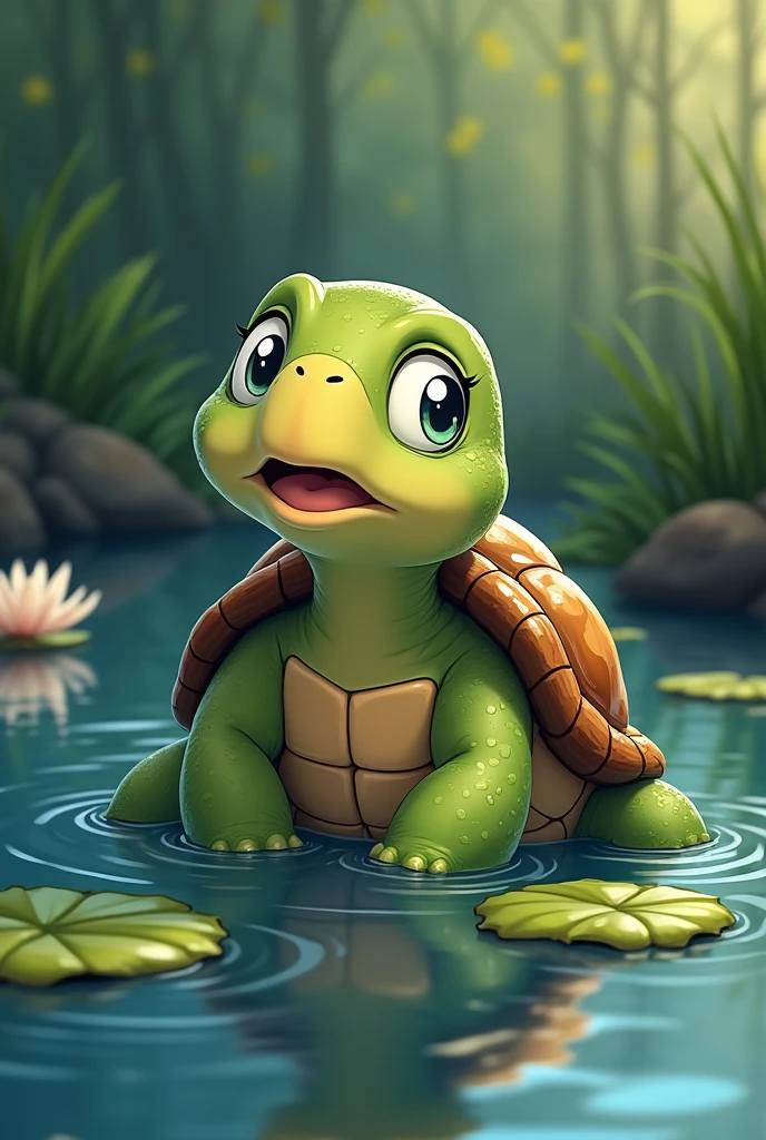 turtle shoked and think in pond 2d cartoon