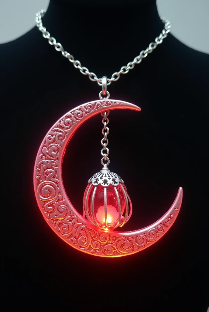 This is an enchanting crescent moon necklace, featuring a glowing, luminescent design. The crescent moon pendant is large and dominates the design, curving gracefully with a delicate filigree pattern that adds intricate detail to its surface. The crescent has a soft, radiant Red glow that emanates from within, creating a magical and otherworldly effect. Hanging from the inside of the crescent moon is a small, spherical crystal or orb, encased in an ornate, silver metal cage. The orb also emits a faint Red glow, harmonizing with the light of the crescent moon. The metal cage surrounding the orb is intricately designed, with delicate swirls and loops that add a touch of elegance and complexity. The pendant is attached to a fine, silver chain that complements the overall design. The chain is simple and unobtrusive, allowing the focus to remain on the glowing crescent moon and orb pendant. The overall aesthetic of the necklace is mystical and celestial, perfect for someone who appreciates unique, fantasy-inspired jewelry with a touch of magic.