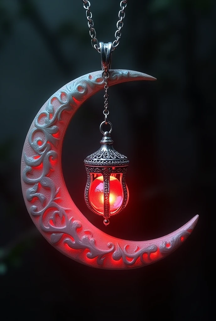 This is an enchanting crescent moon necklace, featuring a glowing, luminescent design. The crescent moon pendant is large and dominates the design, curving gracefully with a delicate filigree pattern that adds intricate detail to its surface. The crescent has a soft, radiant Red glow that emanates from within, creating a magical and otherworldly effect. Hanging from the inside of the crescent moon is a small, spherical crystal or orb, encased in an ornate, silver metal cage. The orb also emits a faint Red glow, harmonizing with the light of the crescent moon. The metal cage surrounding the orb is intricately designed, with delicate swirls and loops that add a touch of elegance and complexity. The pendant is attached to a fine, silver chain that complements the overall design. The chain is simple and unobtrusive, allowing the focus to remain on the glowing crescent moon and orb pendant. The overall aesthetic of the necklace is mystical and celestial, perfect for someone who appreciates unique, fantasy-inspired jewelry with a touch of magic.