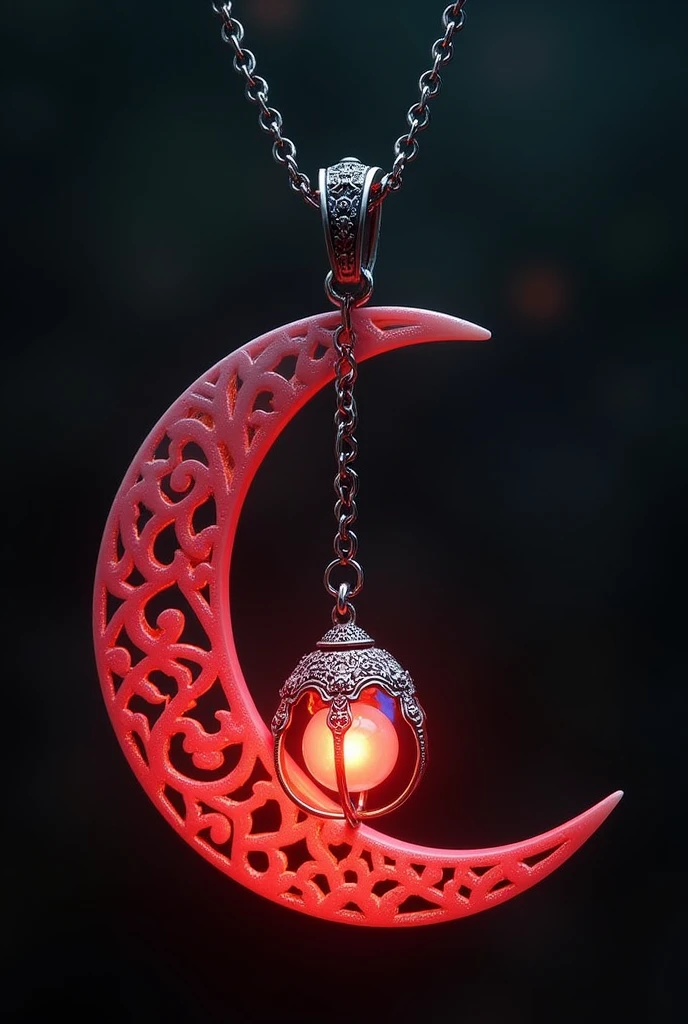 This is an enchanting crescent moon necklace, featuring a glowing, luminescent design. The crescent moon pendant is large and dominates the design, curving gracefully with a delicate filigree pattern that adds intricate detail to its surface. The crescent has a soft, radiant Red glow that emanates from within, creating a magical and otherworldly effect. Hanging from the inside of the crescent moon is a small, spherical crystal or orb, encased in an ornate, silver metal cage. The orb also emits a faint Red glow, harmonizing with the light of the crescent moon. The metal cage surrounding the orb is intricately designed, with delicate swirls and loops that add a touch of elegance and complexity. The pendant is attached to a fine, silver chain that complements the overall design. The chain is simple and unobtrusive, allowing the focus to remain on the glowing crescent moon and orb pendant. The overall aesthetic of the necklace is mystical and celestial, perfect for someone who appreciates unique, fantasy-inspired jewelry with a touch of magic.