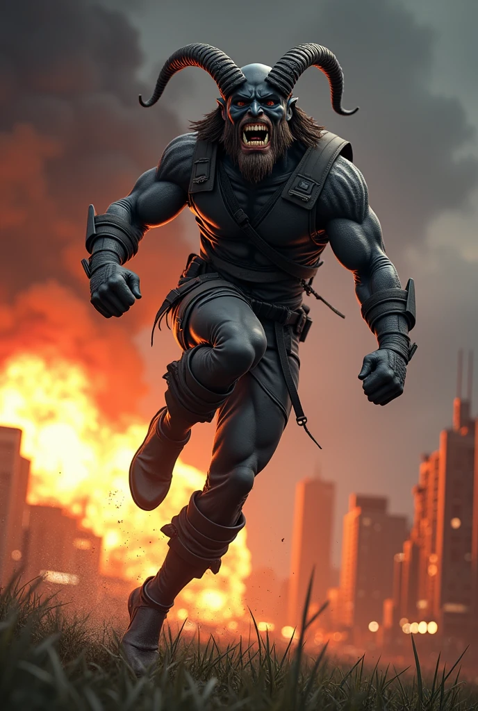 Man wear domino mask grey spandex latex cargo jumpsuit. Skinny body. Background city. Bombing background. Very epic kicking wall one leg . Jumping pose . Fighting pose. Muay Thai posing. Wear goat helmet. Long beard . Big teeth. Grass everywhere. Bombing background. Night scene. Very epic. Marvel.
