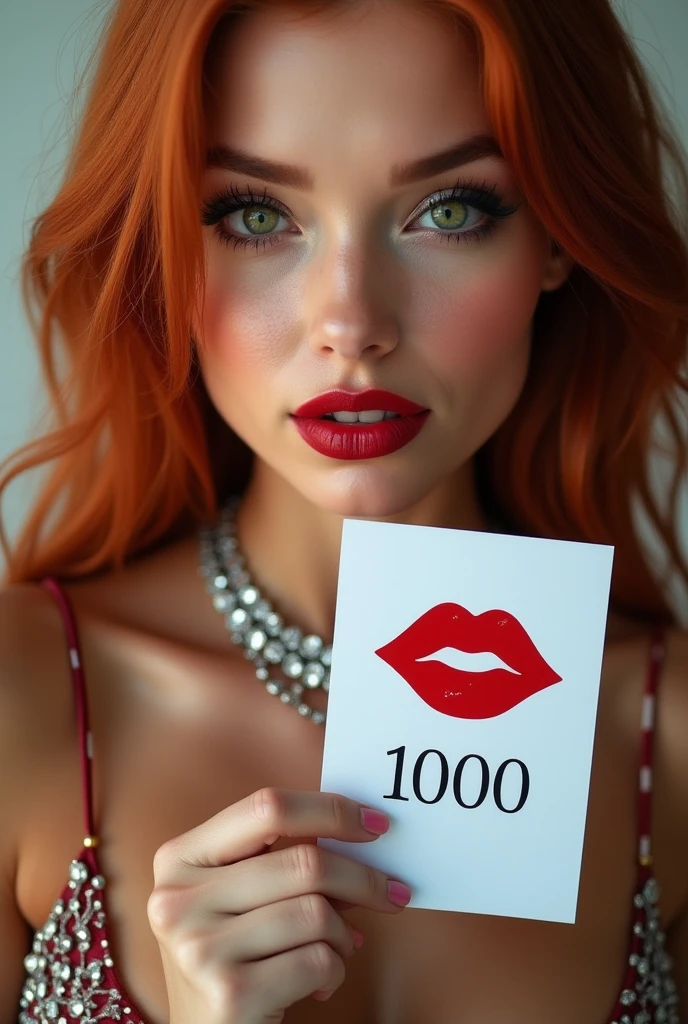 close-up, extreme close-up, close-up portrait, portrait, close-up on her lips, ultra realistic, photography, long straight red hair, (30 years old, green eyes, hourglass figure, perfect body, natural medium breasts), firtatious look, glossy shiny red lipstick, femme fatale, seductive look in her eyes, she is a sex icon, she is a sex goddess, long eyelashes, cat-eye make-up, focus on her eyes, highlight her lips, her eyes focus the camera, wearing diamond jewelry, holding up a white sign with a red lipstick kiss on it and the Number "1000" written over it, she is pouting her lips at the camera