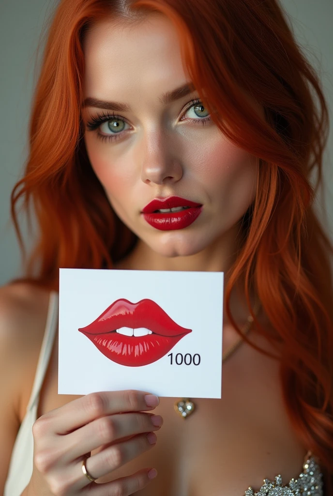 close-up, extreme close-up, close-up portrait, portrait, close-up on her lips, ultra realistic, photography, long straight red hair, (30 years old, green eyes, hourglass figure, perfect body, natural medium breasts), firtatious look, glossy shiny red lipstick, femme fatale, seductive look in her eyes, she is a sex icon, she is a sex goddess, long eyelashes, cat-eye make-up, focus on her eyes, highlight her lips, her eyes focus the camera, wearing diamond jewelry, holding up a white sign with a red lipstick kiss on it and the Number "1000" written over it, she is pouting her lips at the camera