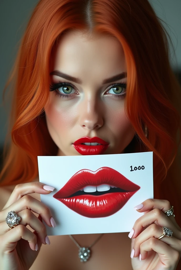 close-up, extreme close-up, close-up portrait, portrait, close-up on her lips, ultra realistic, photography, long straight red hair, (30 years old, green eyes, hourglass figure, perfect body, natural medium breasts), firtatious look, glossy shiny red lipstick, femme fatale, seductive look in her eyes, she is a sex icon, she is a sex goddess, long eyelashes, cat-eye make-up, focus on her eyes, highlight her lips, her eyes focus the camera, wearing diamond jewelry, holding up a white sign with a red lipstick kiss on it and the Number "1000" written over it, she is pouting her lips at the camera