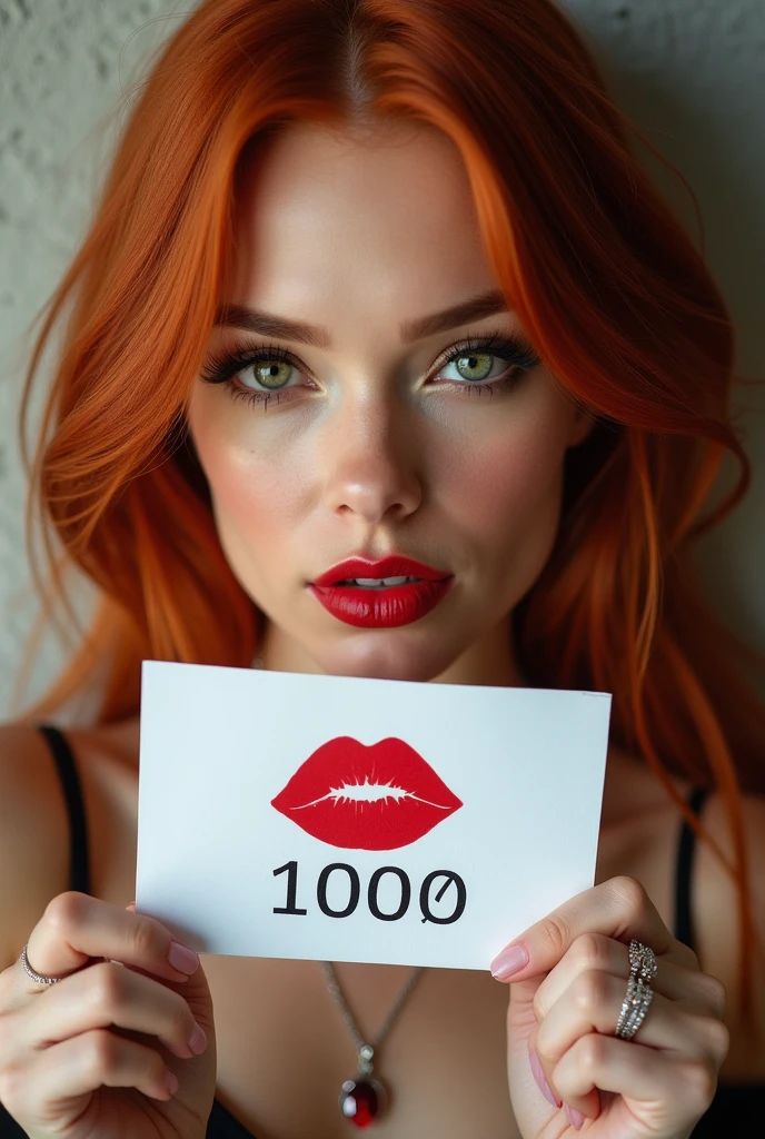close-up, extreme close-up, close-up portrait, portrait, close-up on her lips, ultra realistic, photography, long straight red hair, (30 years old, green eyes, hourglass figure, perfect body, natural medium breasts), firtatious look, glossy shiny red lipstick, femme fatale, seductive look in her eyes, she is a sex icon, she is a sex goddess, long eyelashes, cat-eye make-up, focus on her eyes, highlight her lips, her eyes focus the camera, wearing diamond jewelry, holding up a white sign with a red lipstick kiss on it and the Number "1000" written over it, she is pouting her lips at the camera