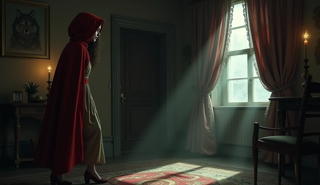 Little Red Riding Hood enters the house in an uneasy atmosphere、Opening the curtains to find the wolf。