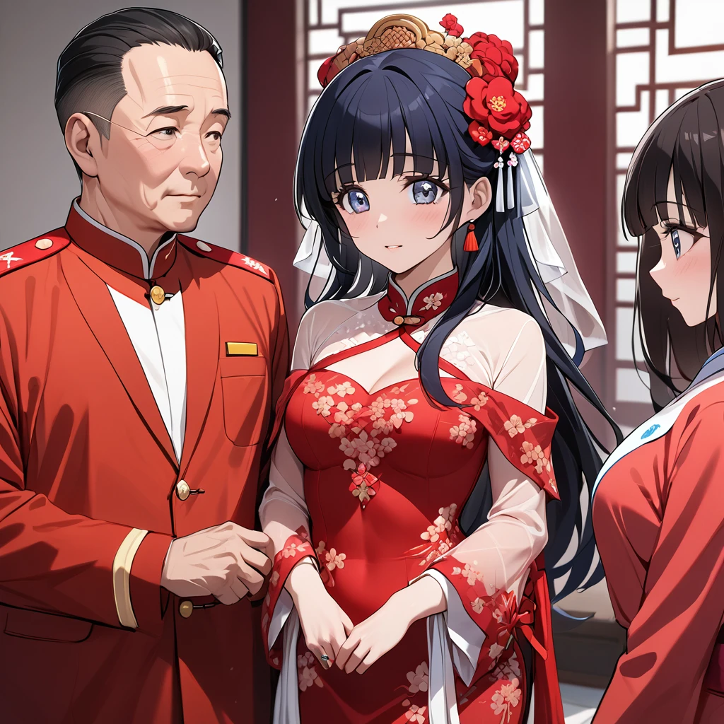 ((Highest quality)), ((masterpiece)), (detailed), (Perfect Face)、The woman is Aoki Reika, with medium-long hair, wearing a red Chinese wedding dress and an engagement ring.、The woman marries a middle-aged man who is a member of the Chinese Communist Party, becomes his wife, and becomes Chinese.