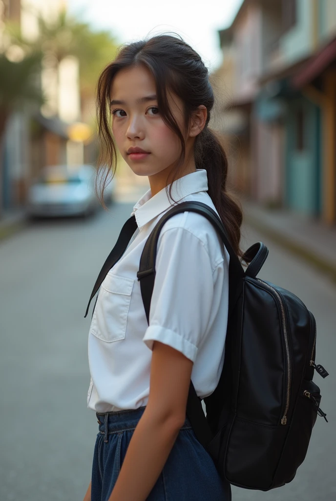 Beautiful ((White american)) girl, 15 yo, (white skin), in american school uniform, realistic photo, large breasts , standing and looking back, carring a school bag on her back, american street, detailed hands and face and eyes, looking away, full body, full body shot, 16k UHD