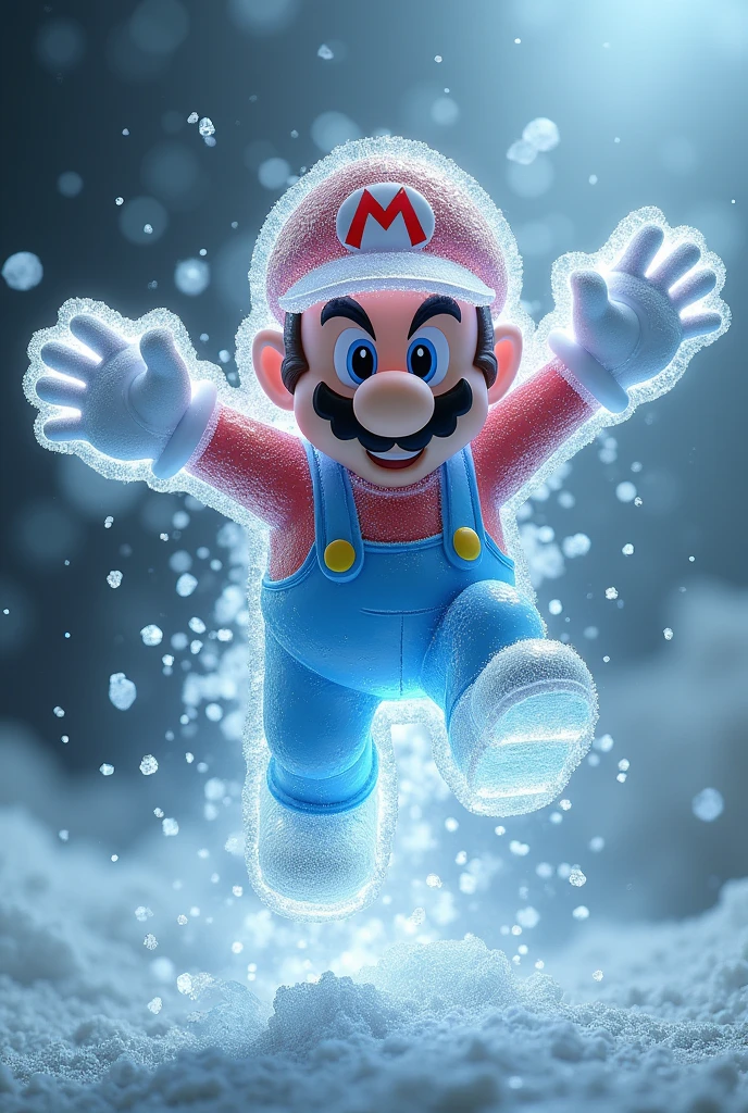Video game Mario made of ice, flying in a superhero pose.