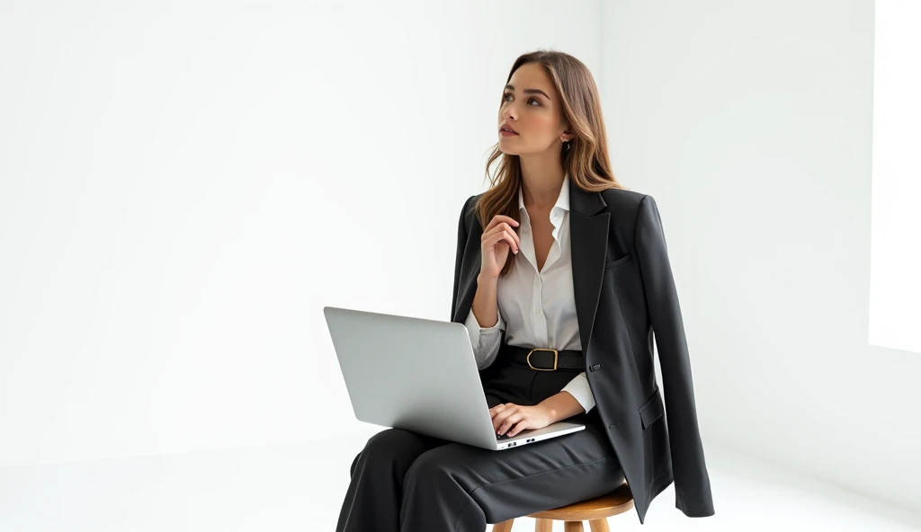 A stylish 'it girl' in a semi-professional outfit sitting on a stool with a laptop on her lap. She gazes thoughtfully to the upper left. The background is white, emphasizing her confident and contemplative pose