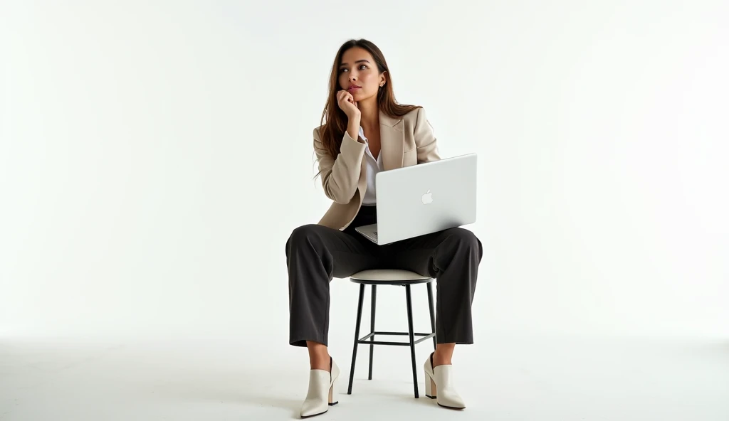 A stylish 'it girl' in a semi-professional outfit sitting on a stool with a laptop on her lap. She gazes thoughtfully to the upper left. The background is white, emphasizing her confident and contemplative pose