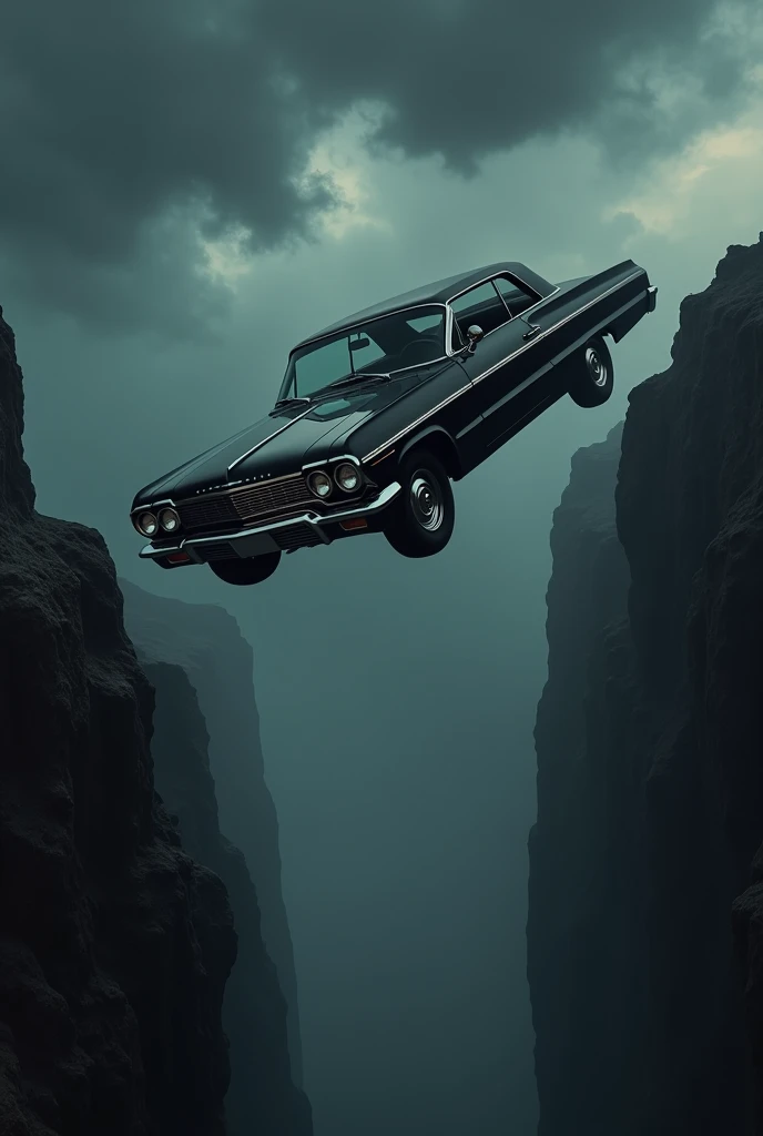 (photorealism:1.2) Impala 64 black, falling down, precipice, dark sky