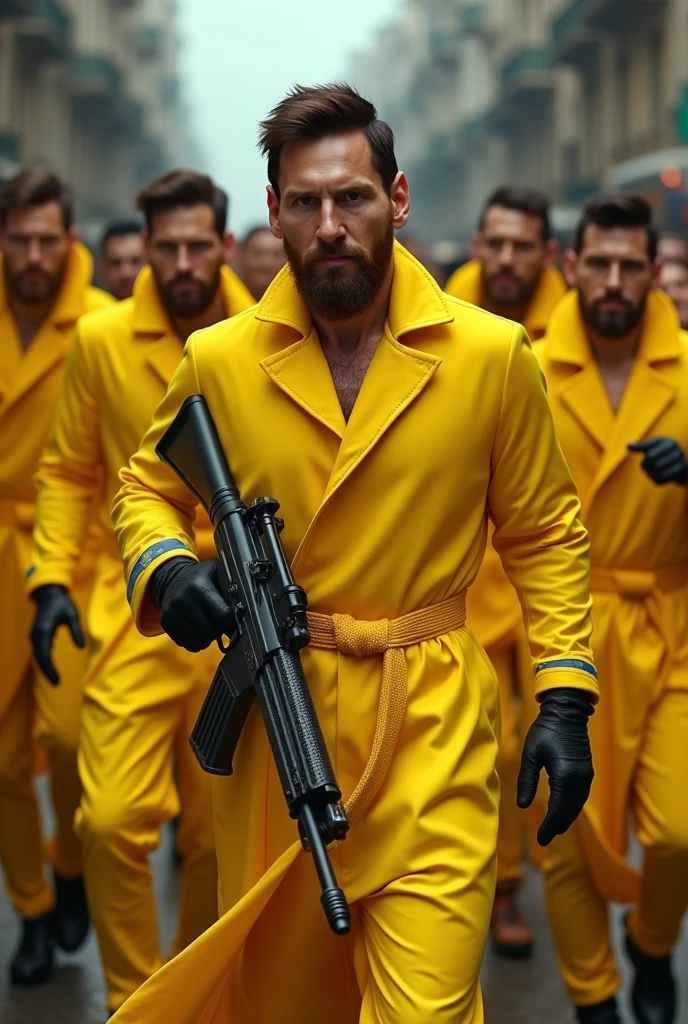 Messi is a gangster wearing yellow dress with a big gun with some men.They also wearing yellow dress.