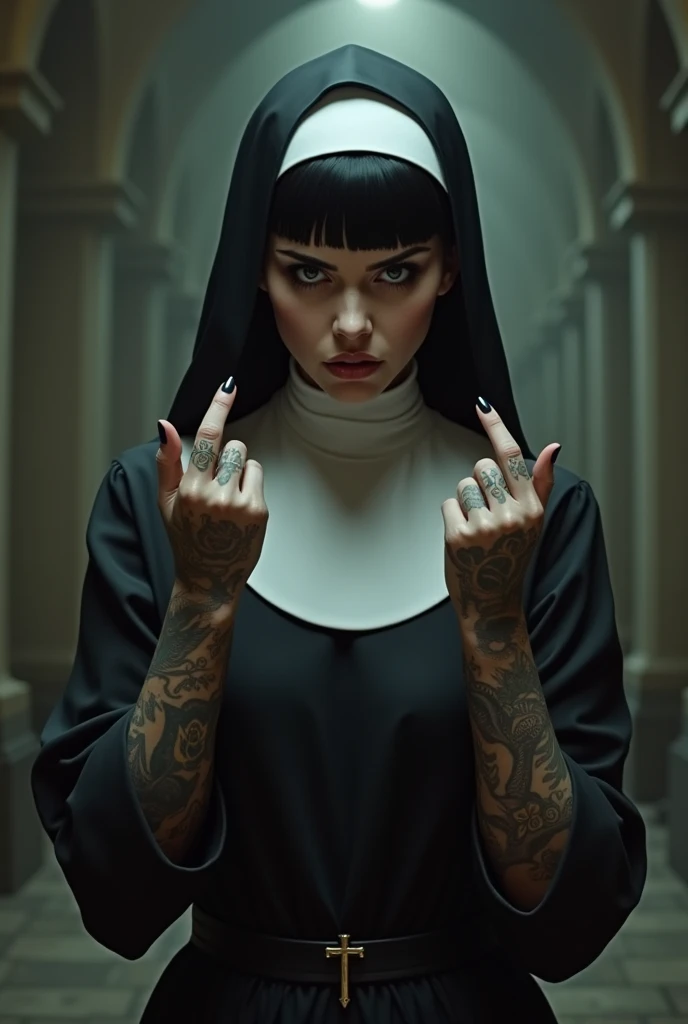 Tattooed black haired nun making obscene gestures 