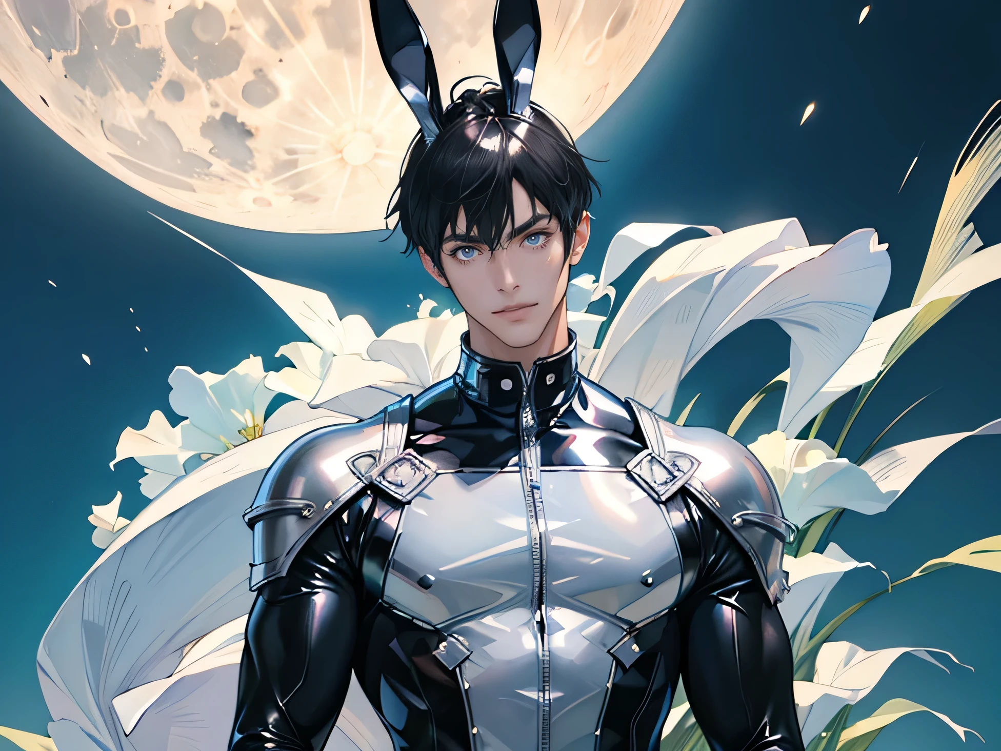 Japanese Handsome model Fierce 2 male smile Black Hair Short cut Short hair looking at the camera Shiny full-body silver suit Shiny silver latex suit looking at the camera future world Background full moon Face close-up Bunny ears Background full moon Face close-up Bunny ears
