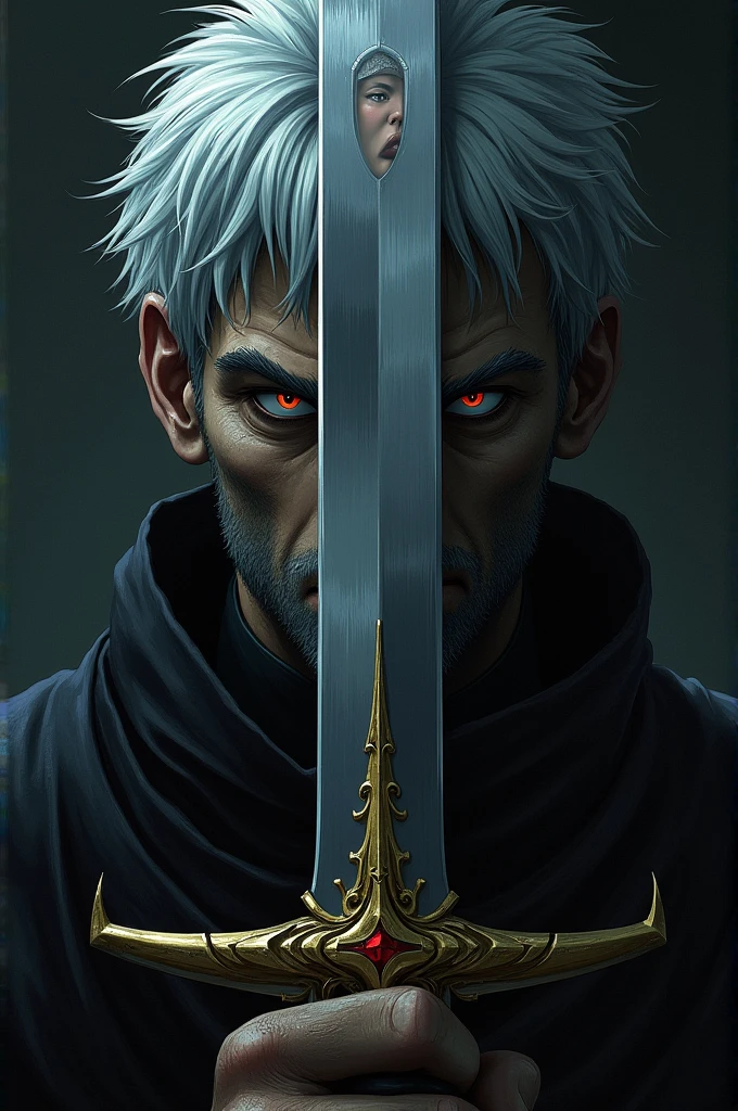 Guts covered half of his face with his sword, and in the reflection of the sword was half of griffith face.