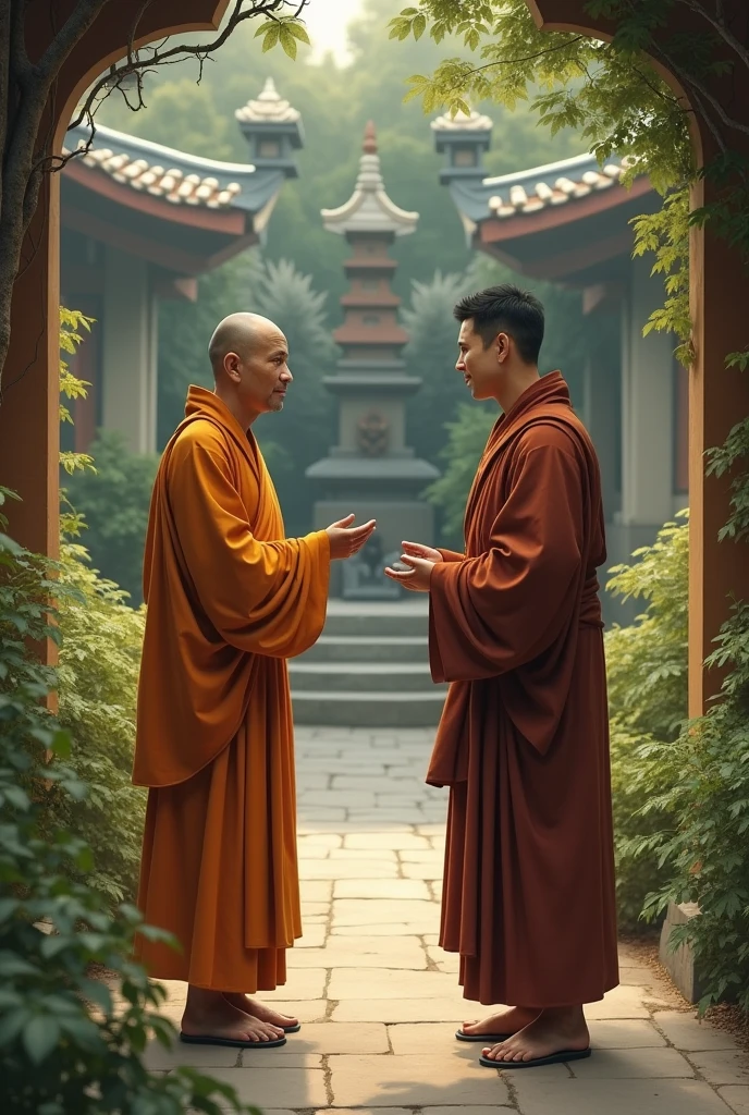 Monk with one man talking