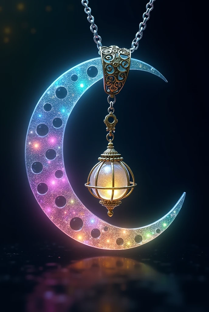 This is an enchanting crescent moon necklace, featuring a glowing, luminescent design. The crescent moon pendant is large and dominates the design, curving gracefully with a delicate filigree pattern that adds intricate detail to its surface. The crescent has a soft, radiant Rainbow glow that emanates from within, creating a magical and otherworldly effect. Hanging from the inside of the crescent moon is a small, spherical crystal, encased in an ornate, Golden metal cage. The orb also emits a faint Rainbow glow, harmonizing with the light of the crescent moon. The metal cage surrounding the orb is intricately designed, with delicate swirls and loops that add a touch of elegance and complexity. The pendant is attached to a fine, silver chain that complements the overall design. The chain is simple and unobtrusive, allowing the focus to remain on the glowing crescent moon and orb pendant. The overall aesthetic of the necklace is mystical and celestial, perfect for someone who appreciates unique, fantasy-inspired jewelry with a touch of magic.