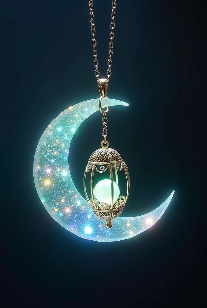 This is an enchanting crescent moon necklace, featuring a glowing, luminescent design. The crescent moon pendant is large and dominates the design, curving gracefully with a delicate filigree pattern that adds intricate detail to its surface. The crescent has a soft, radiant Rainbow glow that emanates from within, creating a magical and otherworldly effect. Hanging from the inside of the crescent moon is a small, spherical crystal, encased in an ornate, Golden metal cage. The orb also emits a faint Rainbow glow, harmonizing with the light of the crescent moon. The metal cage surrounding the orb is intricately designed, with delicate swirls and loops that add a touch of elegance and complexity. The pendant is attached to a fine, silver chain that complements the overall design. The chain is simple and unobtrusive, allowing the focus to remain on the glowing crescent moon and orb pendant. The overall aesthetic of the necklace is mystical and celestial, perfect for someone who appreciates unique, fantasy-inspired jewelry with a touch of magic.