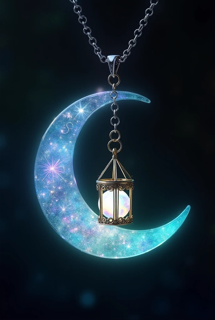 This is an enchanting crescent moon necklace, featuring a glowing, luminescent design. The crescent moon pendant is large and dominates the design, curving gracefully with a delicate filigree pattern that adds intricate detail to its surface. The crescent has a soft, radiant Rainbow glow that emanates from within, creating a magical and otherworldly effect. Hanging from the inside of the crescent moon is a small, spherical crystal, encased in an ornate, Golden metal cage. The orb also emits a faint Rainbow glow, harmonizing with the light of the crescent moon. The metal cage surrounding the orb is intricately designed, with delicate swirls and loops that add a touch of elegance and complexity. The pendant is attached to a fine, silver chain that complements the overall design. The chain is simple and unobtrusive, allowing the focus to remain on the glowing crescent moon and orb pendant. The overall aesthetic of the necklace is mystical and celestial, perfect for someone who appreciates unique, fantasy-inspired jewelry with a touch of magic.