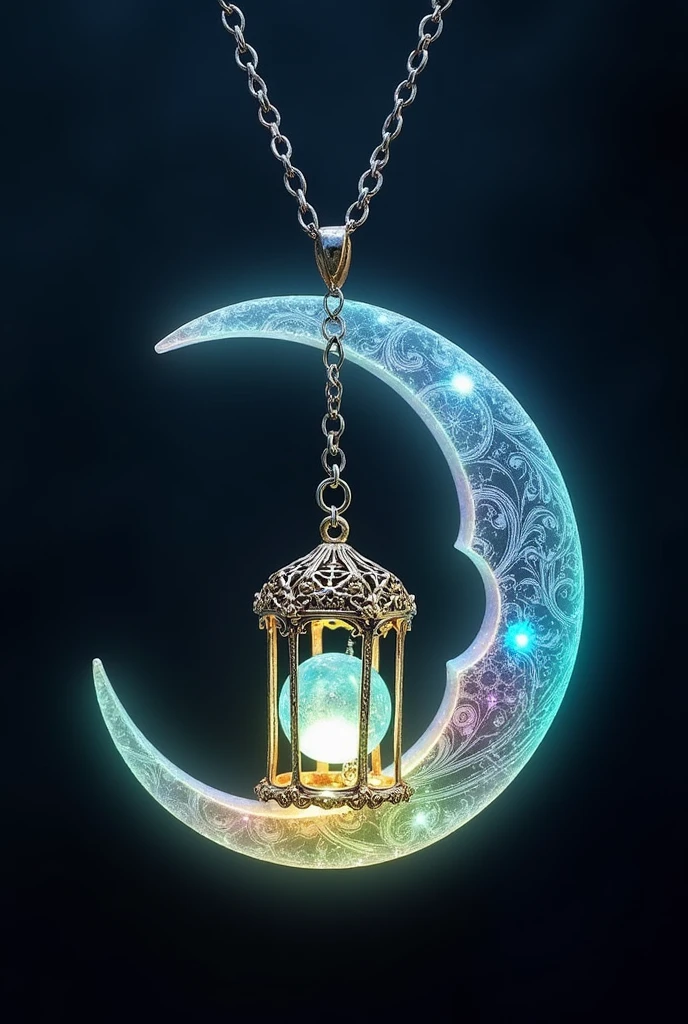 This is an enchanting crescent moon necklace, featuring a glowing, luminescent design. The crescent moon pendant is large and dominates the design, curving gracefully with a delicate filigree pattern that adds intricate detail to its surface. The crescent has a soft, radiant Rainbow glow that emanates from within, creating a magical and otherworldly effect. Hanging from the inside of the crescent moon is a small, spherical crystal, encased in an ornate, Golden metal cage. The orb also emits a faint Rainbow glow, harmonizing with the light of the crescent moon. The metal cage surrounding the orb is intricately designed, with delicate swirls and loops that add a touch of elegance and complexity. The pendant is attached to a fine, silver chain that complements the overall design. The chain is simple and unobtrusive, allowing the focus to remain on the glowing crescent moon and orb pendant. The overall aesthetic of the necklace is mystical and celestial, perfect for someone who appreciates unique, fantasy-inspired jewelry with a touch of magic.