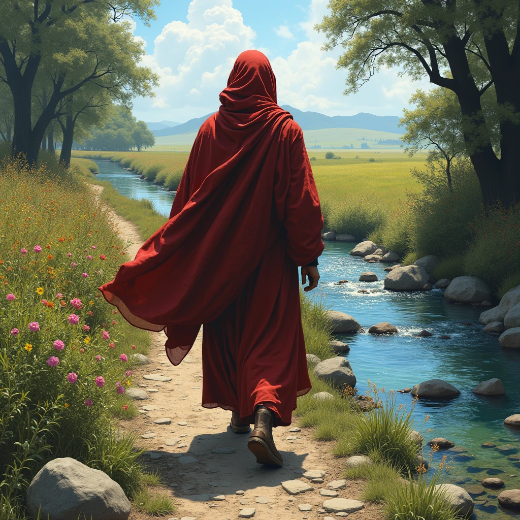 ### 1. Central Figure: Cabuliwala
- **Positioning**: The Cabuliwala is positioned centrally but facing away from the viewer. His back is visible, and he is walking or standing on the narrow path.
- **Appearance**: His entire body is covered by a flowing cloak. The cloak should be depicted in rich textures and colors to emphasize its significance. The fabric should drape naturally, revealing subtle folds and movement as he moves.
- **Details**: Since his face and limbs are not visible, ensure that the cloak covers his form completely, with no visible skin or features. The cloak might have intricate patterns or designs to add depth.
### 2. Background Elements
#### A. Road
- **Description**: The road is a narrow path or street running from the foreground to the background. The surface should look rough and uneven, typical of an old or less-traveled path.
- **Texture and Detail**: Add gravel or small stones scattered along the road to give it a natural, rugged appearance.
#### B. Vegetation
- **Position**: On one side of the road, there are various-sized trees.
- **Types and Colors**: Include a mix of tree species to add diversity. Trees should have vibrant green leaves. Incorporate blooming flowers of different colors—reds, yellows, purples, and blues—around the trees and possibly on the ground, adding splashes of color and creating a lively atmosphere.
#### C. Stream
- **Location**: On the opposite side of the road from the trees, a clear stream flows.
- **Features**: The stream should have visible rocks of varying sizes both underwater and partially exposed. The water should be crystal clear, reflecting the colors of the surrounding environment.
- **Movement**: Show the gentle movement of the water over the rocks, perhaps with slight ripples or waves.
#### D. Field
- **Placement**: Beyond the stream, there is a vast green field.
- **Details**: The field should stretch out into the distance, with tall grass and possibly a few wildflowers. The field should appear l