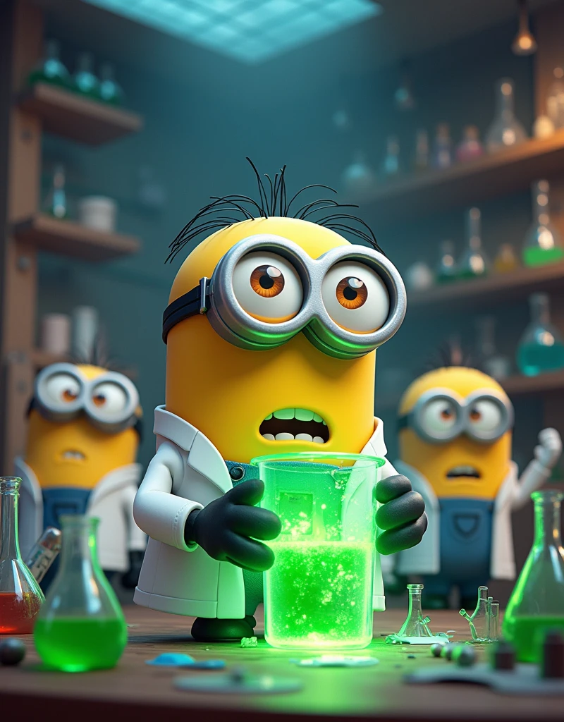 In the lab Minion Bob the scientist holds a green chemical in his hand and drinks it in his mouth. . Kevin and struart in scientist suits stand behind looking