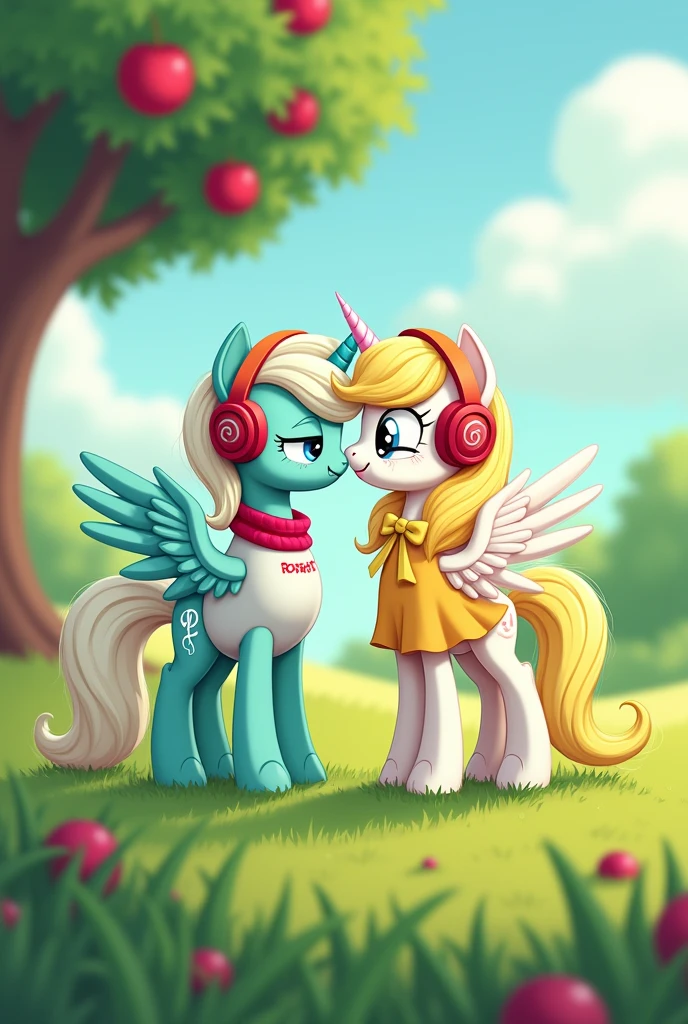 Mint green male Alicorn pony with white freckles and blue eyes; white sweatshirt with red sleeves,red gamer headphones; music note cutie mark. Winged a female alicorn pony with yellow hair and a yellow tail,White fur,big yellow bow on the nape of the neck,yellow helmets,light blue eyes, dress with short yellow skirt .The two lovers in a field in front of an apple tree. Imagen 2D estilo My Little pony G4