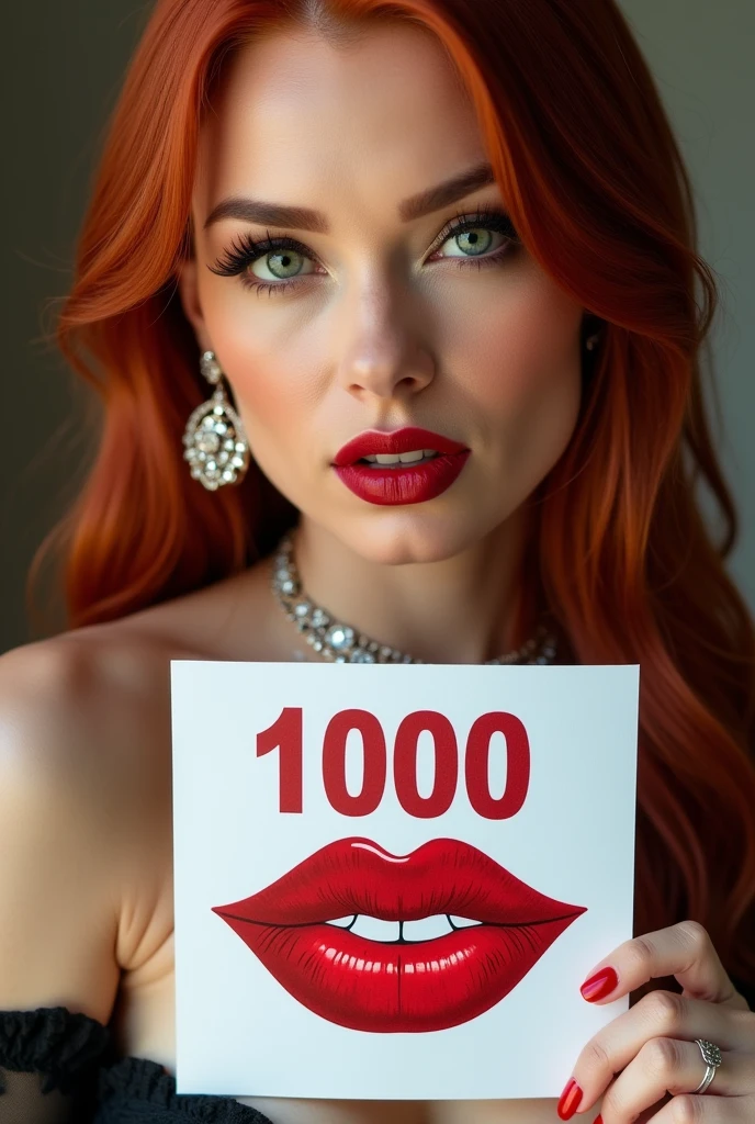close-up, extreme close-up, close-up portrait, portrait, close-up on her lips, ultra realistic, photography, long straight red hair, (30 years old, green eyes, hourglass figure, perfect body, natural medium breasts), firtatious look, glossy shiny red lipstick, femme fatale, she is a sex icon, she is a sex goddess, long eyelashes, cat-eye make-up, focus on her eyes, highlight her lips, her eyes focus the camera, wearing diamond jewelry, holding up a white sign with a red lipstick kiss on it and the Number "1000" written over it, she is pouting her lips and closing her eyes