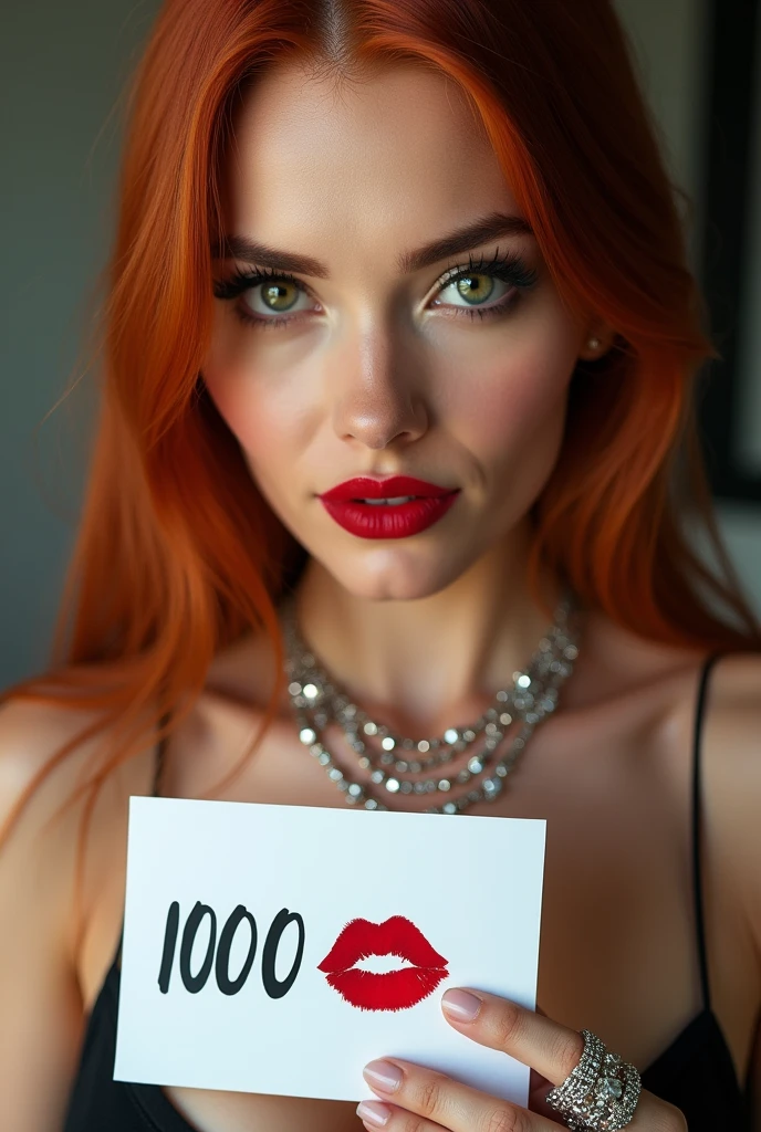 close-up, extreme close-up, close-up portrait, portrait, close-up on her lips, ultra realistic, photography, long straight red hair, (30 years old, green eyes, hourglass figure, perfect body, natural medium breasts), firtatious look, glossy shiny red lipstick, femme fatale, she is a sex icon, she is a sex goddess, long eyelashes, cat-eye make-up, focus on her eyes, highlight her lips, her eyes focus the camera, wearing diamond jewelry, holding up a white sign with a red lipstick kiss on it and the Number "1000" written over it, she is pouting her lips and closing her eyes