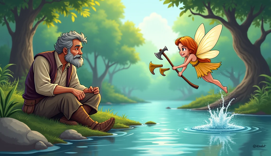 Poor woodcutter sit on the bank of river and fary go in to water She dived into the river and brought up a three axes silver,golden,and simple axe from river and give the man cartoon 