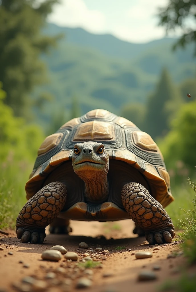 The tortoise keeps moving steadily along the race path
