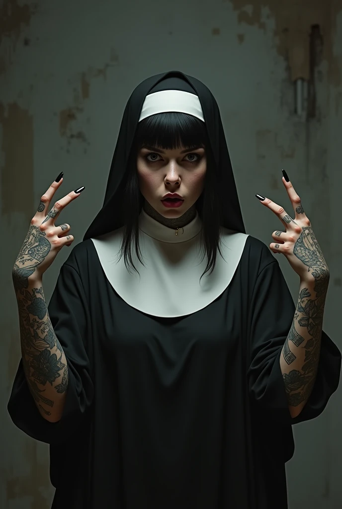 Tattooed black haired nun making obscene gestures 