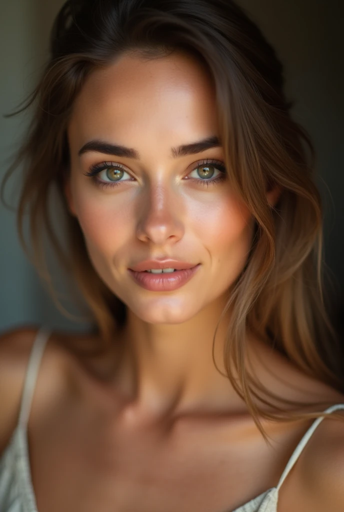 regular woman, not perfected photo realistic selfie close to face with head tilt sultry look