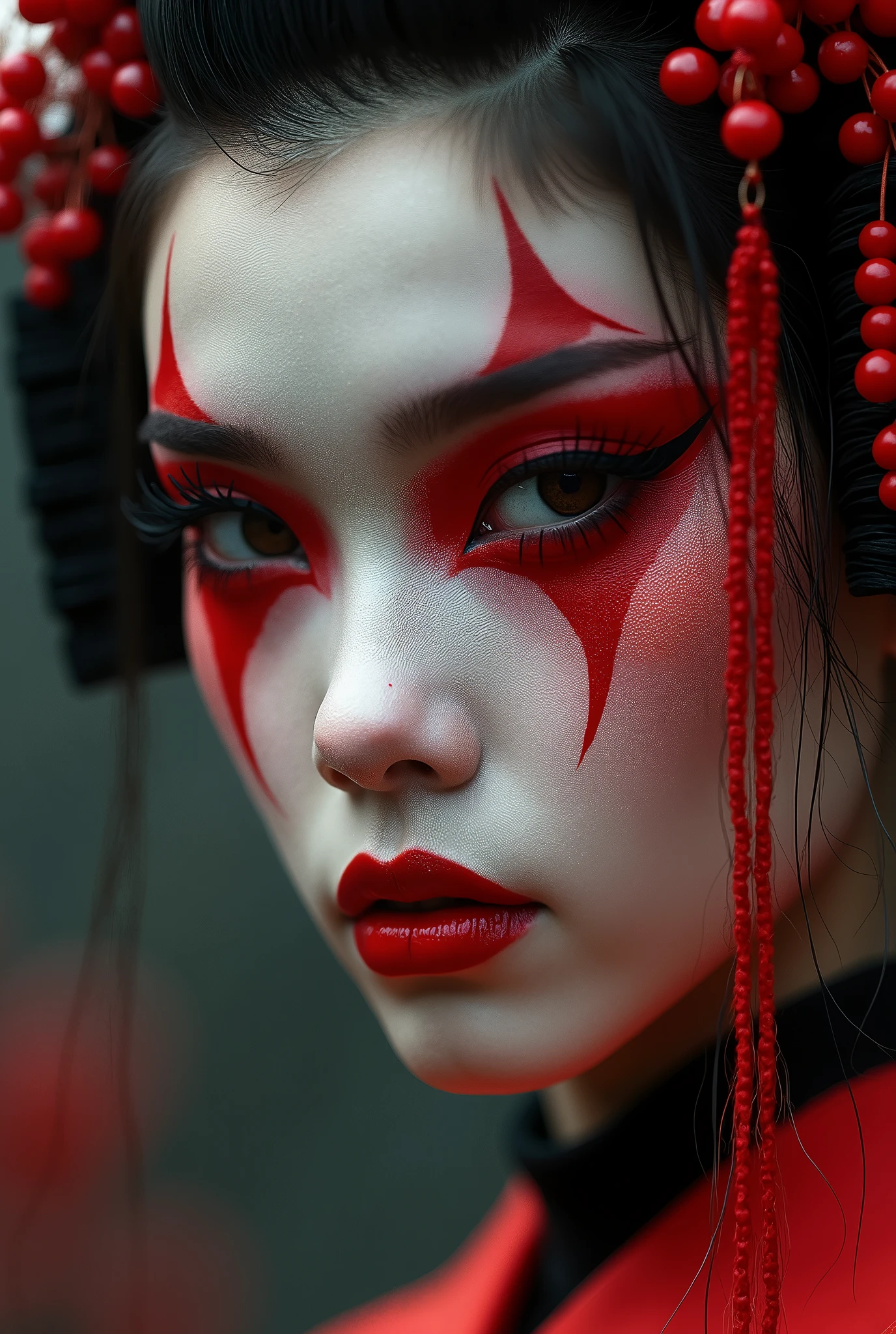 1girl, close-up, detailed face, red face, black makeup, kabuki makeup, oriental face, geisha makeup, remarkable geisha makeup, takato yomamoto, 4k, geisha makeup, red warrior face, traditional kabuki, asian face, cyberpunk geisha, geisha, beautiful geisha, gorgeous cyberpunk samurai