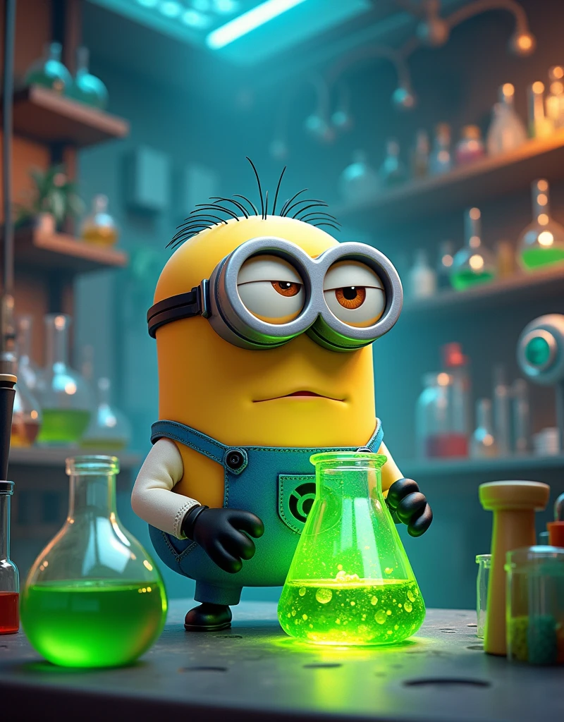 In the lab Minion Bob the scientist drinks green chemical potion 