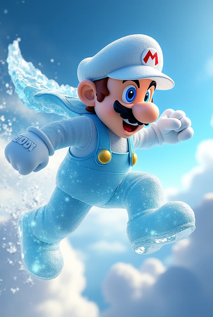 Video game Mario made of ice, flying like Superman