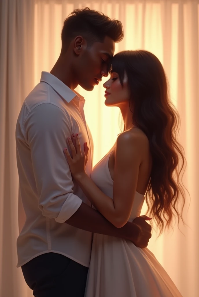 A couple, a tall, dark-skinned couple with an American haircut and one with bangs and long hair, she's white.