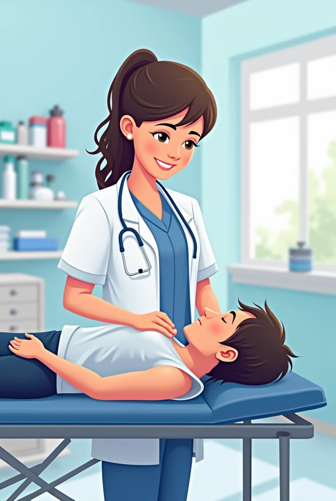 Clip art of a physical therapist treating a person lying face down on a stretcher