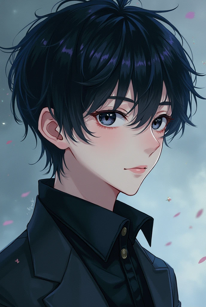 A boy with dark hair, dark black eyes, pale skin, around 20 years old with anime style