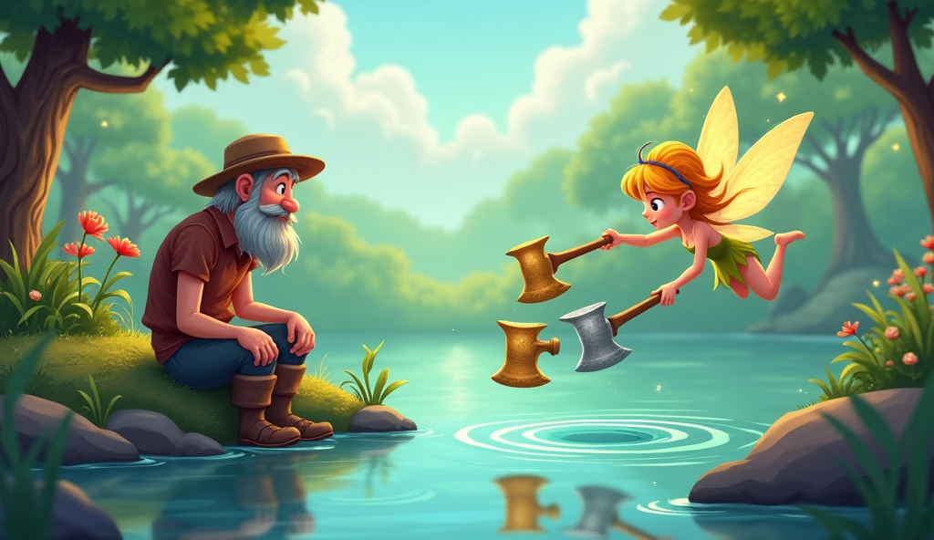 Poor woodcutter sit on the bank of river and fary go in to water She dived into the river and brought up a three axes silver,golden,and simple axe from river and give the man cartoon