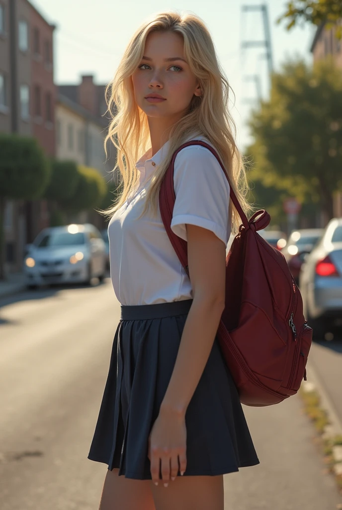 Beautiful ((White american))  girl, 15 yo, (white skin), in american school uniform, realistic photo, blonde hair, large breasts , standing and looking back, carring a school bag on her back, american street,  detailed hands and face and eyes, looking away, full body, full body shot, 16k UHD
