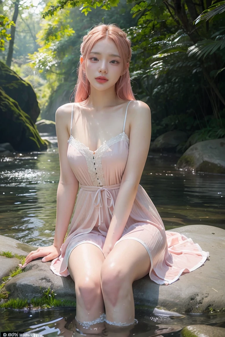 best quality, masterpiece, extremely detailed, CG, unity, Amazing, finely detail, masterpiece, best quality, beautiful detailed girl, extremely detailed eyes and face, beautiful detailed eyes, light on face, cinematic lighting, 1girl, full body, perfect hand, depth of field, wearing stocking, wearing long dress, pink hair, medium breasts, earring, in a pagoda, (no panties)