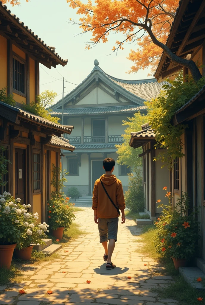 A young man walks in the middle of the village, his house is made of wood and lit by dim round light bulbs., heading towards the empty house I covered my nose because I smelled jasmine flowers