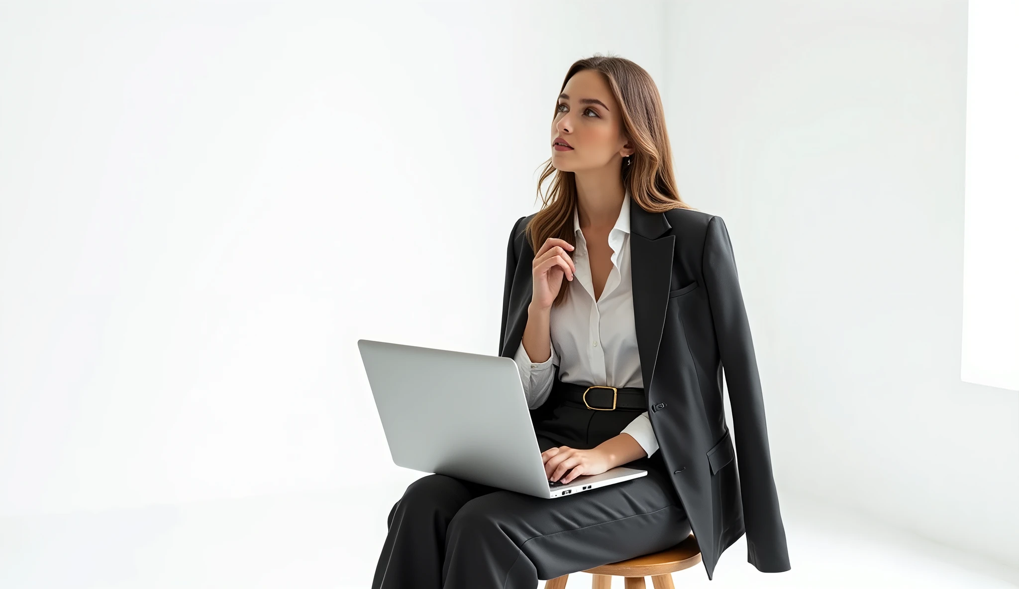 A stylish 'it girl' in a semi-professional outfit sitting on a stool with a laptop on her lap. She gazes thoughtfully to the upper left. The background is white, emphasizing her confident and contemplative pose