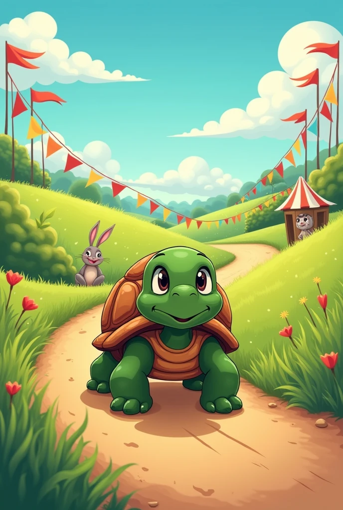 The tortoise keeps moving steadily along the race path cartoon

