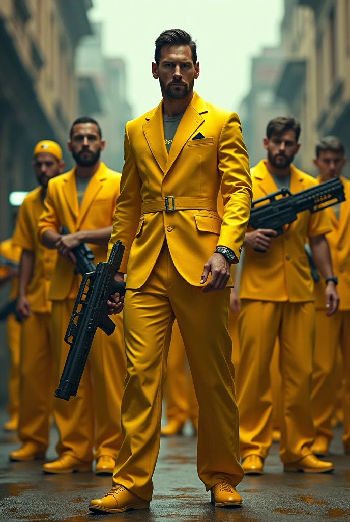 Messi is a gangster wearing yellow dress with a big gun with some men.They also wearing yellow dress and big gun