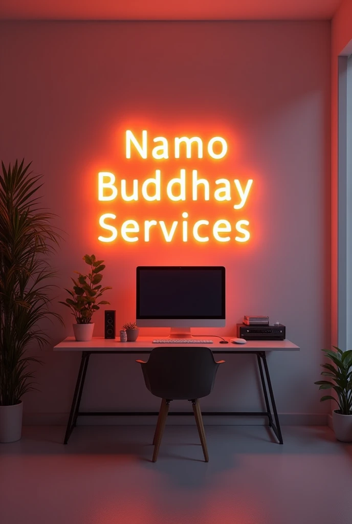 create a studio room with computer setup inside, on the wall behind as a brigh neon glowing text says NAMO BUDDHAY SERVICES un 