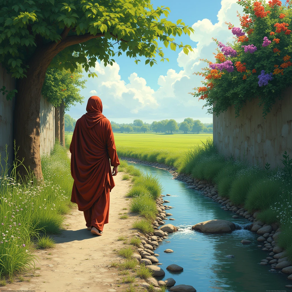 ### 1. Central Figure: Cabuliwala
- **Positioning**: The black Cabuliwala is positioned centrally but facing away from the viewer. His back is visible, and he is walking or standing on the narrow path.
- **Appearance**: His entire body is covered by a flowing cloak. The cloak should be depicted in rich textures and colors to emphasize its significance. The fabric should drape naturally, revealing subtle folds and movement as he moves.
- **Details**: Since his face and limbs are not visible, ensure that the cloak covers his form completely, with no visible skin or features. The cloak might have intricate patterns or designs to add depth.
### 2. Background Elements
#### A. Road
- **Description**: The road is a narrow path or street running from the foreground to the background. The surface should look rough and uneven, typical of an old or less-traveled path.
- **Texture and Detail**: Add gravel or small stones scattered along the road to give it a natural, rugged appearance.
#### B. Vegetation
- **Position**: On one side of the road, there are various-sized trees.
- **Types and Colors**: Include a mix of tree species to add diversity. Trees should have vibrant green leaves. Incorporate blooming flowers of different colors—reds, yellows, purples, and blues—around the trees and possibly on the ground, adding splashes of color and creating a lively atmosphere.
#### C. Stream
- **Location**: On the opposite side of the road from the trees, a clear stream flows.
- **Features**: The stream should have visible rocks of varying sizes both underwater and partially exposed. The water should be crystal clear, reflecting the colors of the surrounding environment.
- **Movement**: Show the gentle movement of the water over the rocks, perhaps with slight ripples or waves.
#### D. Field
- **Placement**: Beyond the stream, there is a vast green field.
- **Details**: The field should stretch out into the distance, with tall grass and possibly a few wildflowers. The field should ap