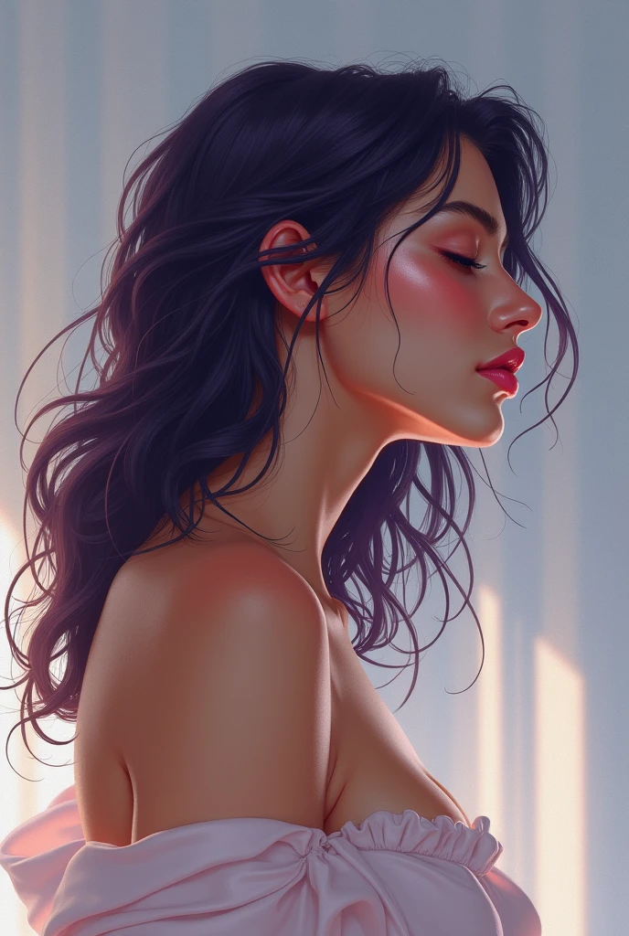 Imagine a highly detailed and realistic photo-quality illustration of a woman in profile, seen from below. brown skin(cinnamon), with the head slightly tilted downwards.and forward Neck forward, Her skin has a warm, pale tone., with freckles spread across her cheeks and nose. The hair is a dark violet shade, with subtle reflections that capture the light naturally, falling gently on his shoulders. Her lips are a soft pink color, complementing the warm tone of your skin. The eyes, although closed, They project serenity and peace.. bare shoulder, Great cleavage, sheer fabric, 

The background has a subtle gradient from light grey to a soft blue., which highlights the figure of the woman and adds a soft and calm atmosphere. The light is diffuse, accentuating the soft shadows on her face and neck, which gives it an additional dimension and enhances the details of its expression and features.